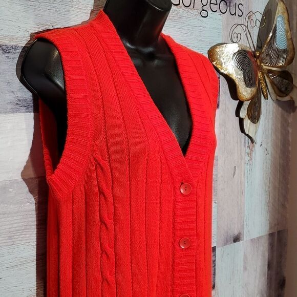 LeRoy Knitwear Vintage Tomato Red Sleeveless Cable Knit Cardigan Granny 623 - Picture 5 of 7